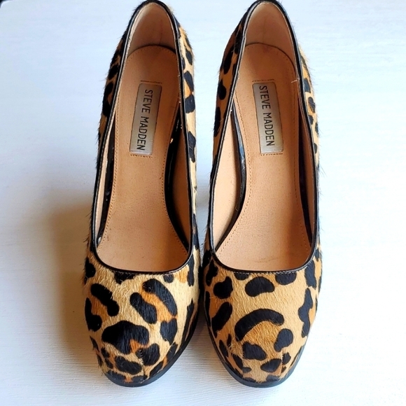 Steve Madden Leopard Print Cow Hair Platform Heels 8 - Picture 3 of 8